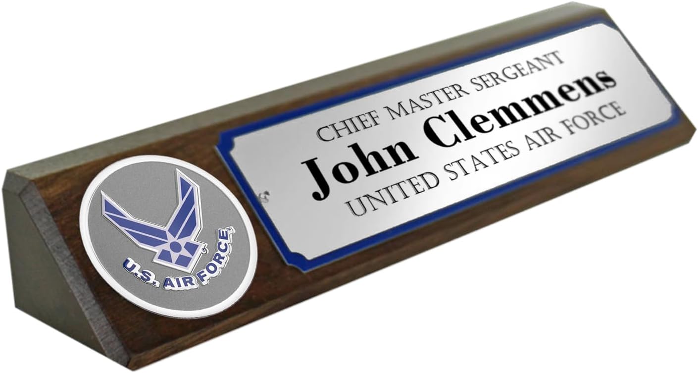 SHOP AWARDS AND GIFTS 10-1/2 x 3 Inch Genuine Walnut Wood Desk Block with U.S. Air Force Medallion, Office Accessories, Gifts for Military, Includes Personalization