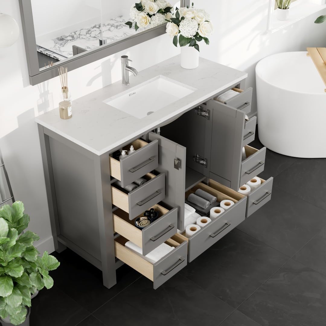 Eviva London Gray Bathroom Vanity with Sink - 48 Inch Wood Bath Vanity with Top and Cabinet - Vanity for Bathroom with Single Sink