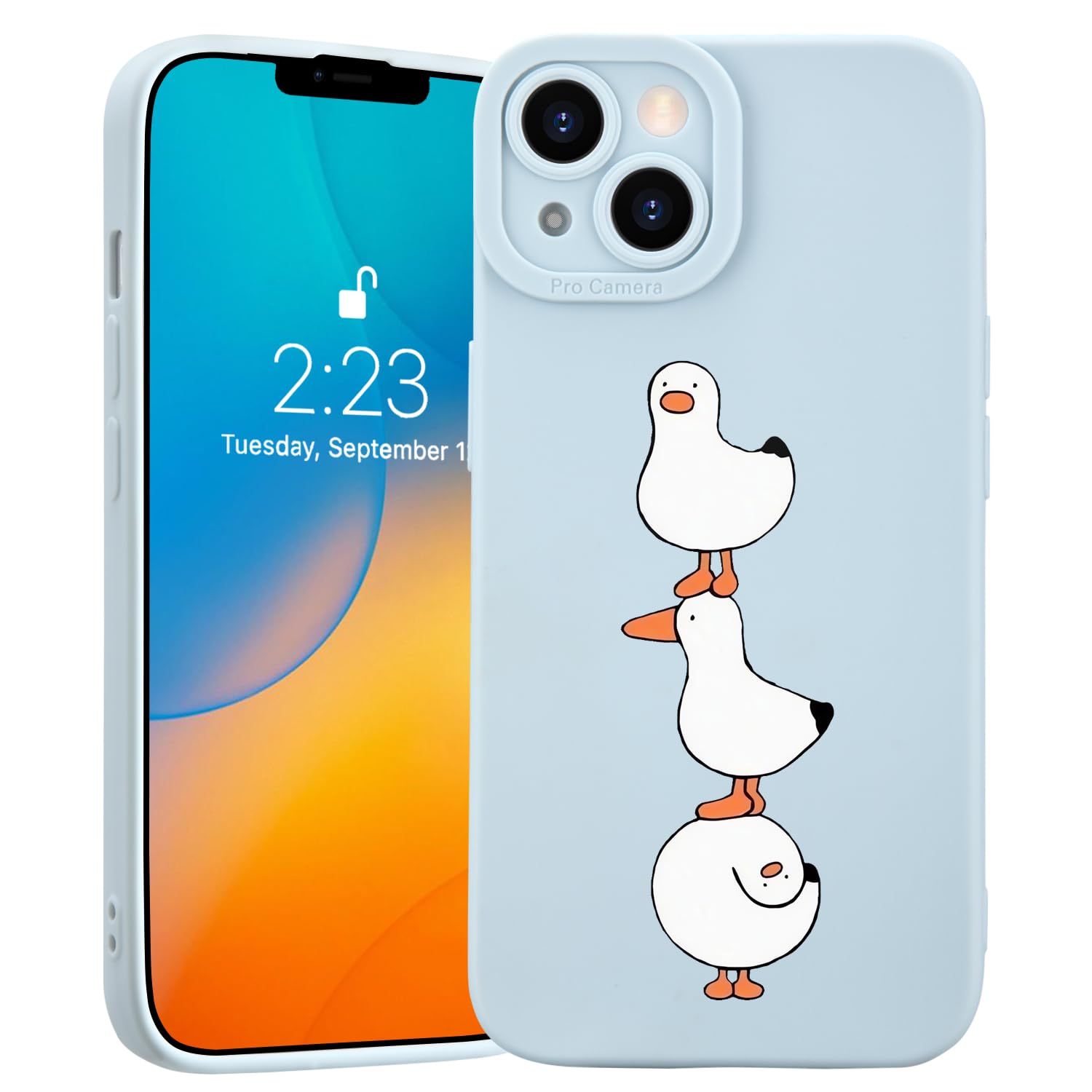 JOYLAND Cartoon Ducks Pattern Cell Phone Case for iPhone 14 Plus, Cute Animal Kawaii Blue Silicone Gel Case, Full Body Protection Shockproof Phone