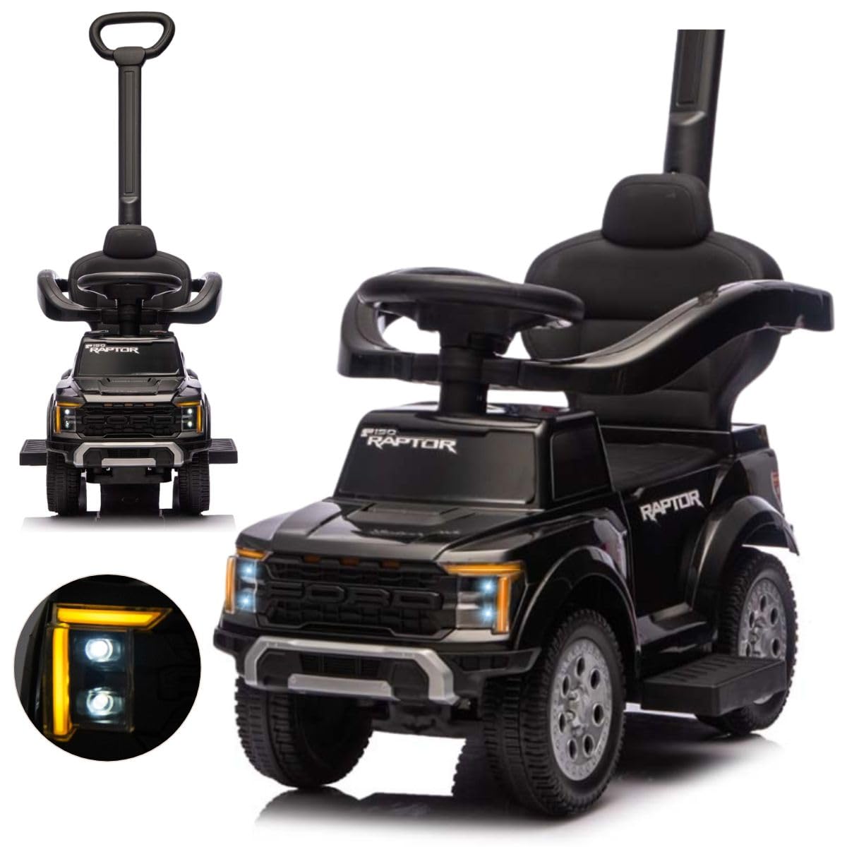Milly Mally Ford F-150 Raptor 3-in-1 Rutschauto mit Schiebestange | Kinderfahrzeug für 12-36 Monate bis 25kg | Rutscher, Schiebewagen, Sound-Lenkrad, Fußstützen, Kippschutz | Lizenziert (Black)