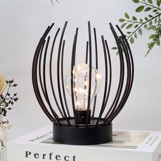 JHY DESIGN Table Lamp Battery Powered, Decorative Cordless lamp with LED Edison Bulb-Metal Bedside Lamp for Home Table Wedding Bedroom Patio Indoor Halloween Gifts Desk Hallway Living Room Home