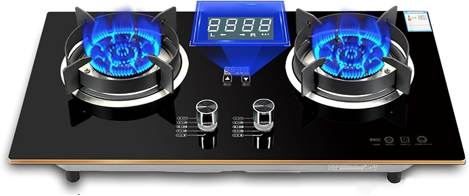 Gas Hob 72Cm Kitchen Gas Cooktop,Built-In Gas Stoves,2-Zonegas Hob Explosion-Proof Black Crystal Glass Panel (C NG) (E LPG)