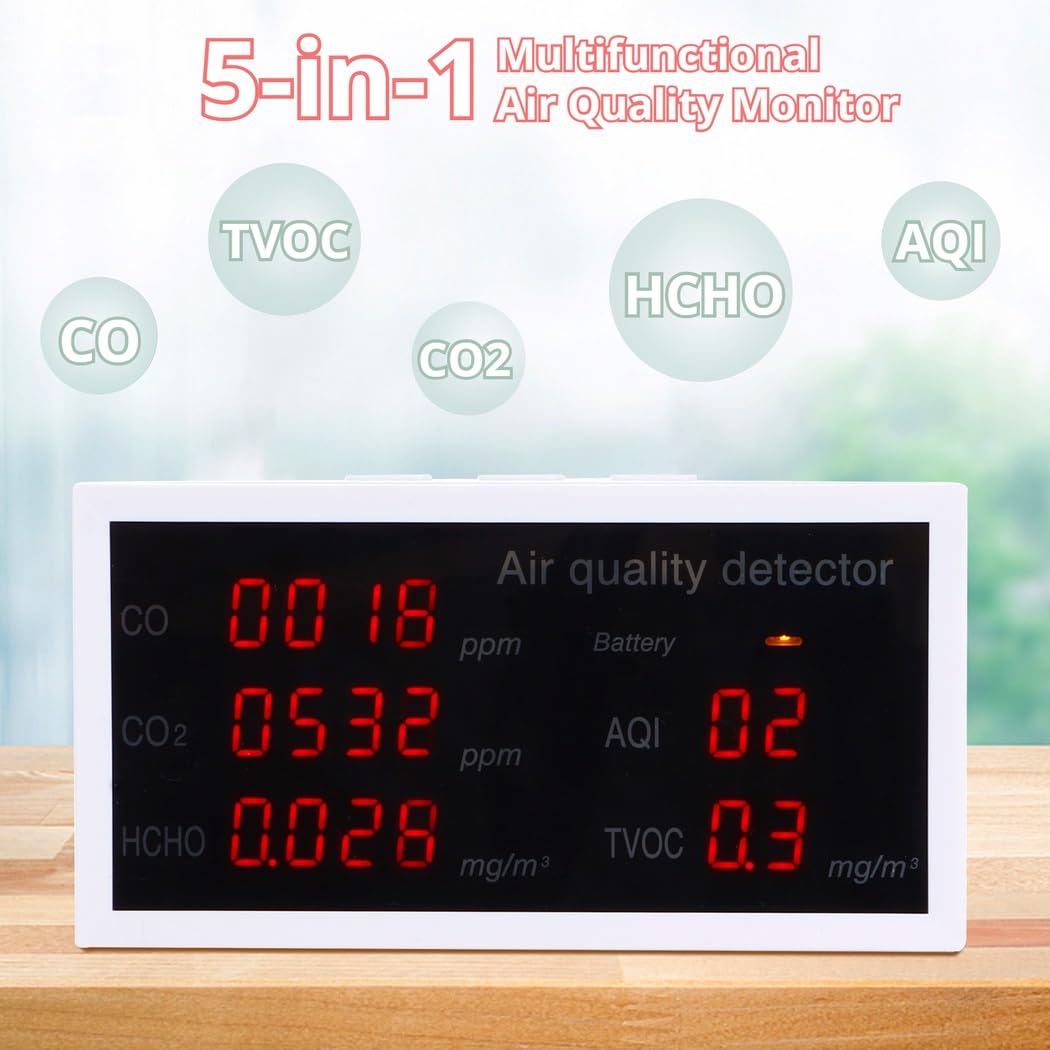 Misuratore di qualità dell'aria interna per CO2, tester portatile 5-in-1 di formaldeide e Tvoc per uso domestico e ufficio