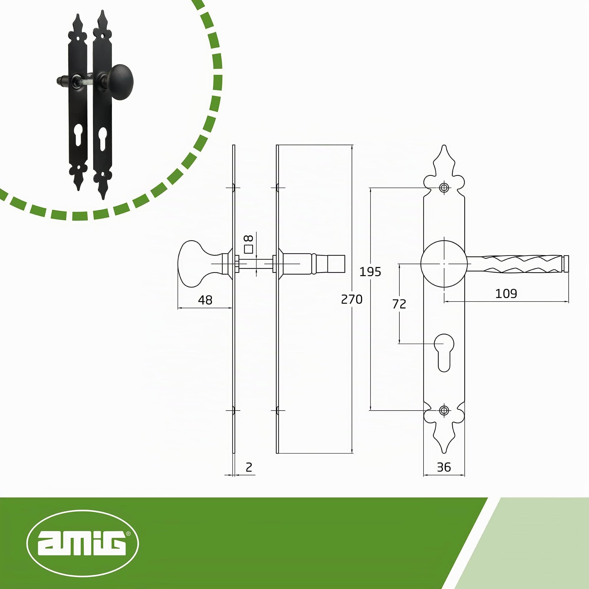 Amig - Set aus Türdrücker und Knauf | Glattes Design | 270 x 36 mm | Schlossdistanz 72 mm | Für mehr Privatsphäre | Stahlplatte und Griff aus schwarzem Zamak