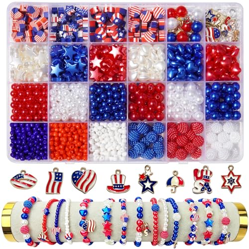 4th of July Beads Kit 1480Pcs Patriotic Red White Blue Acrylic Pearl Beads with USA Flag Heart Star Polymer Clay Charms DIY Bracelet Necklace Earrings Keychain Supplies for Independence Day Crafts