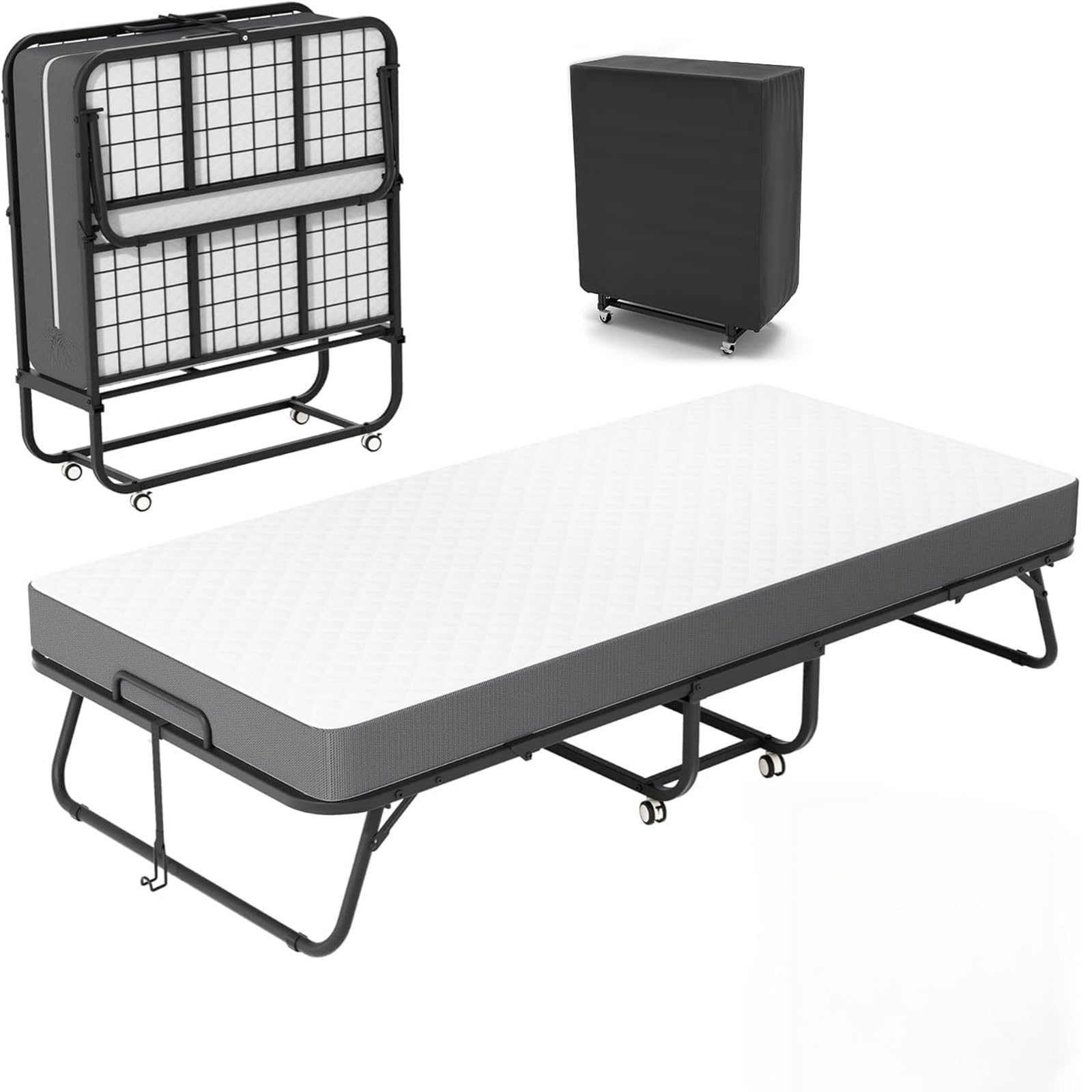 75" x 31" folding bed with mattress for adults, portable foldable single beds with memory foam mattress & super strong frame, convenient roll away guest bed for storage