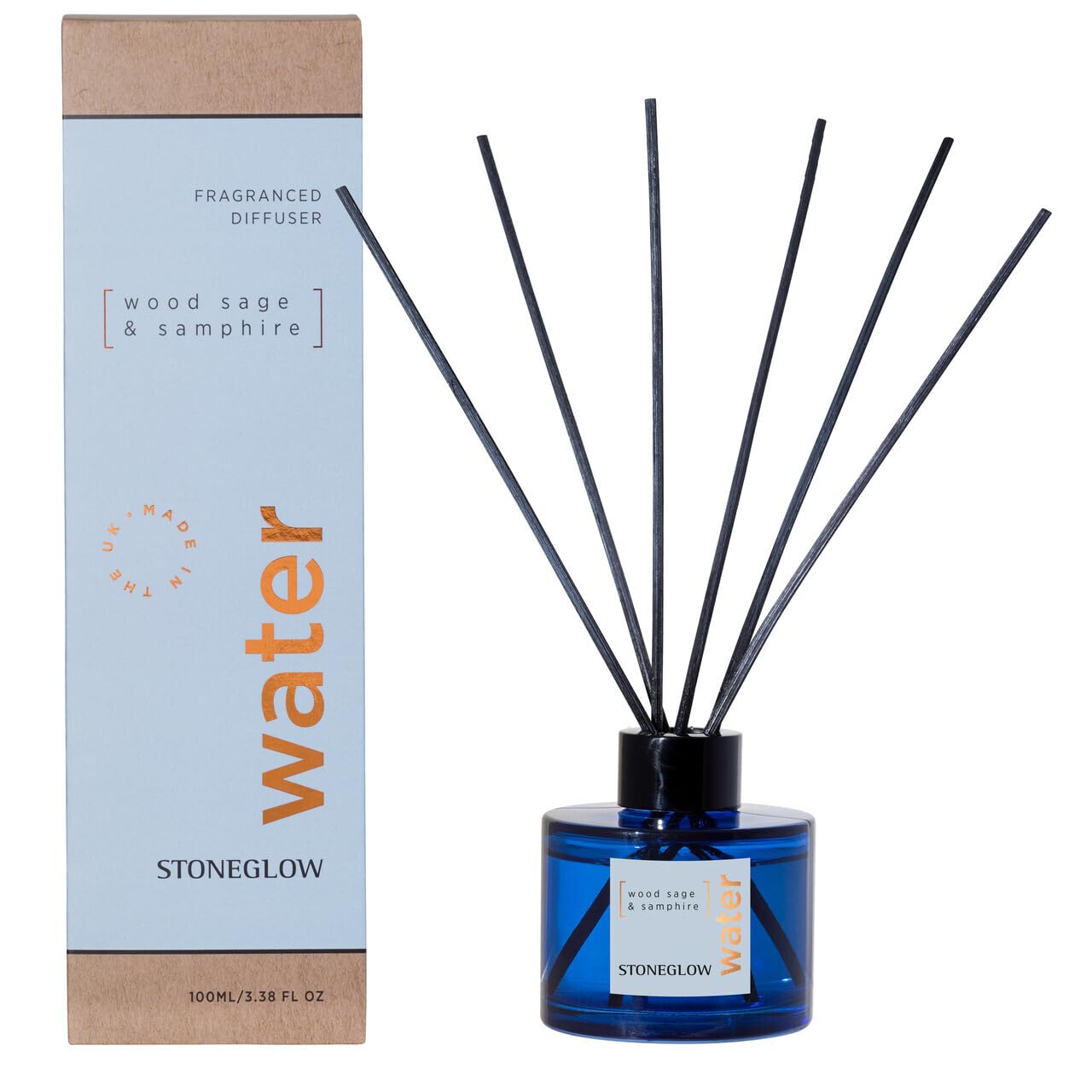 Stoneglow Elements Collection - Water - Wood Sage & Samphire 100ml Scented Reed Diffuser (Blue)