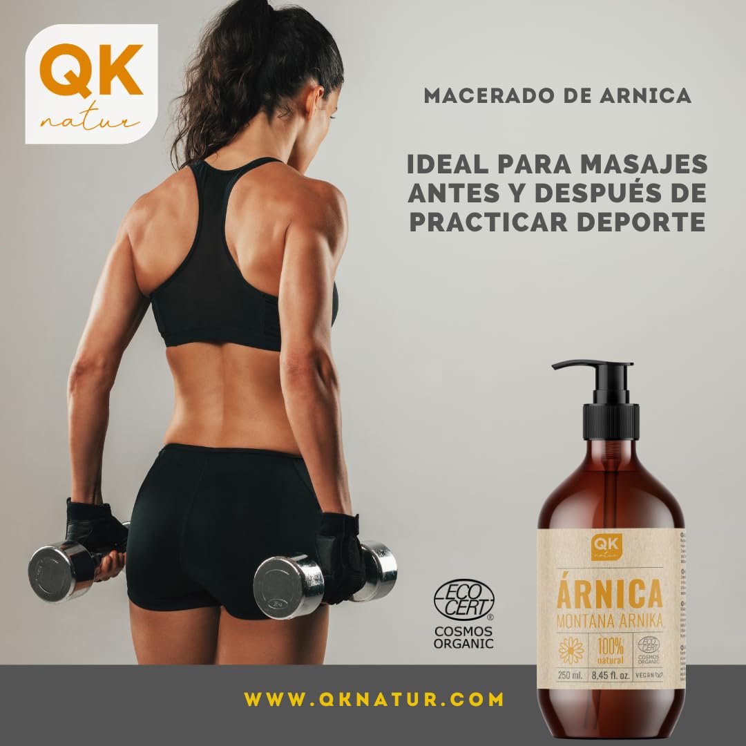 QKnatur - Aceite Macerado de Árnica Montana 100% Puro 250ml - BIO - Orgánico - Vegetal - Aceite para masaje corporal
