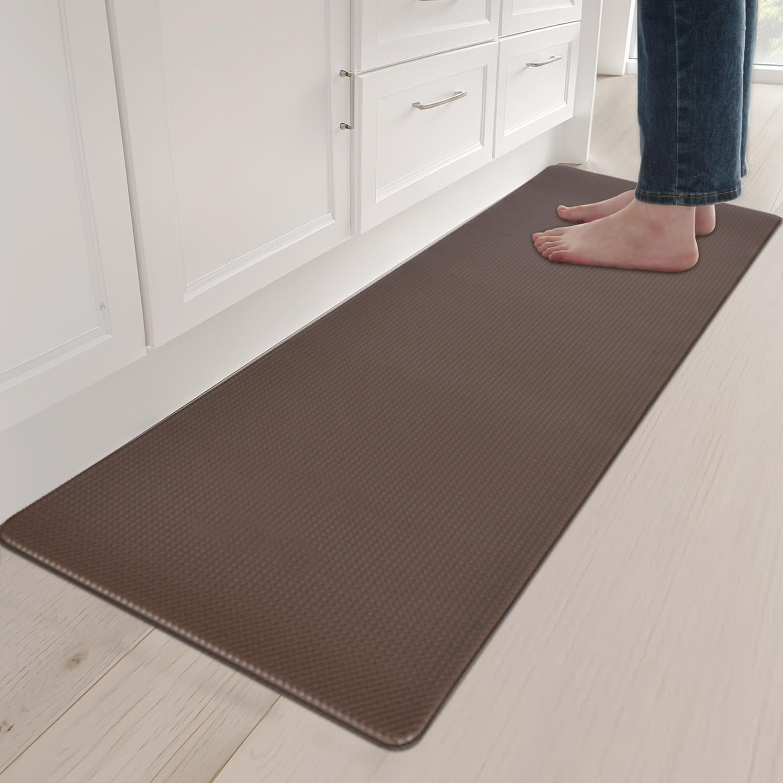 GOFORIT キッチンマット 拭ける 台所マット 低反発 クッション入り 8mm 洗濯いらず 踏み心地いい ずれない マット はっ水 防汚 ブラウン 120cm