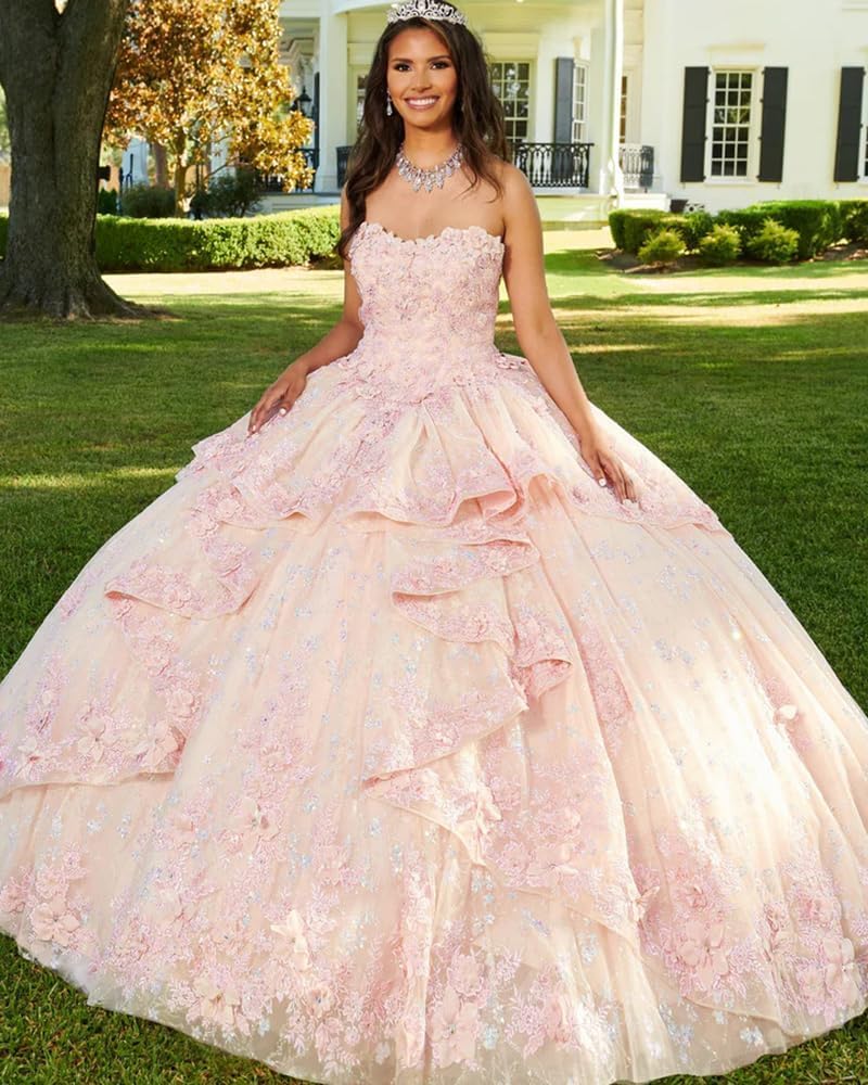 Vestidos de quinceañera de Princesa con Capas Flores 3D Encaje con Cuentas Vestidos de Fiesta con Volantes y Cuentas Vestidos de Fiesta para Dulces 16 MT037