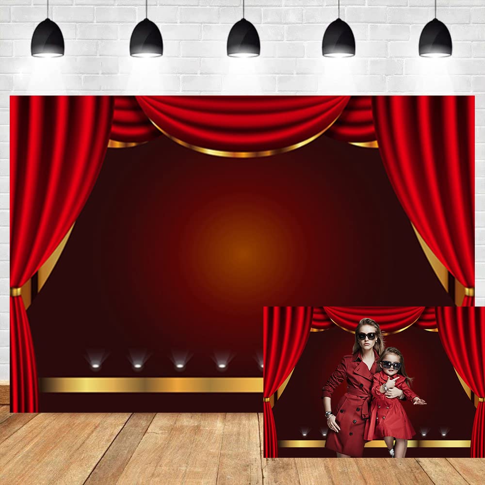 OERJU 10x6.5ft Stage Backdrop Red Curtain Gold Lace Dance Music Party Performance Act Out Theater Drama Show Celebrating Ceremony Photographic