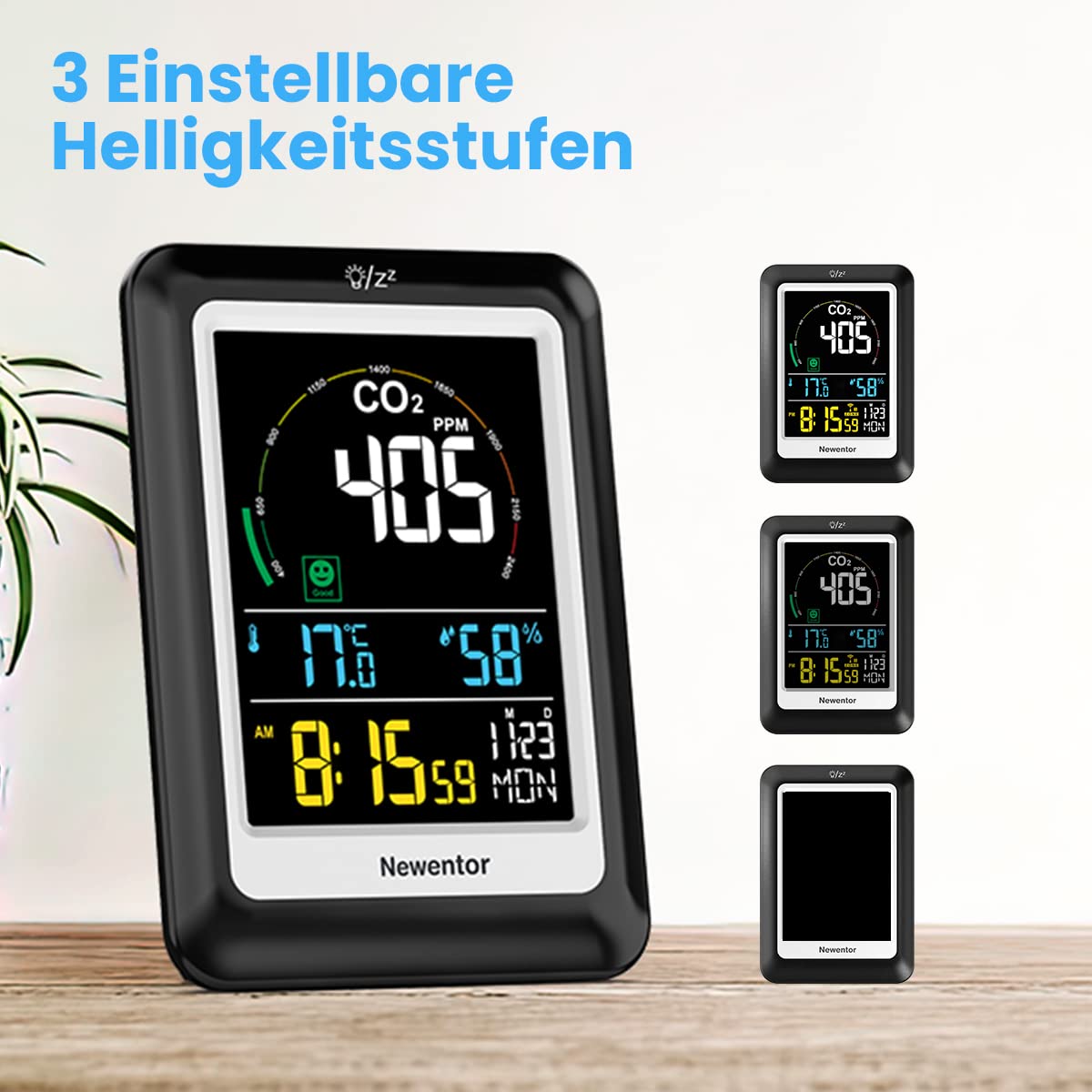 Newentor CO2 Messgerät, NDIR, 4 CO2-Konzentrationsstufen mit Alarm, Batteriebetrieb & USB-Anschluss, Schwarz