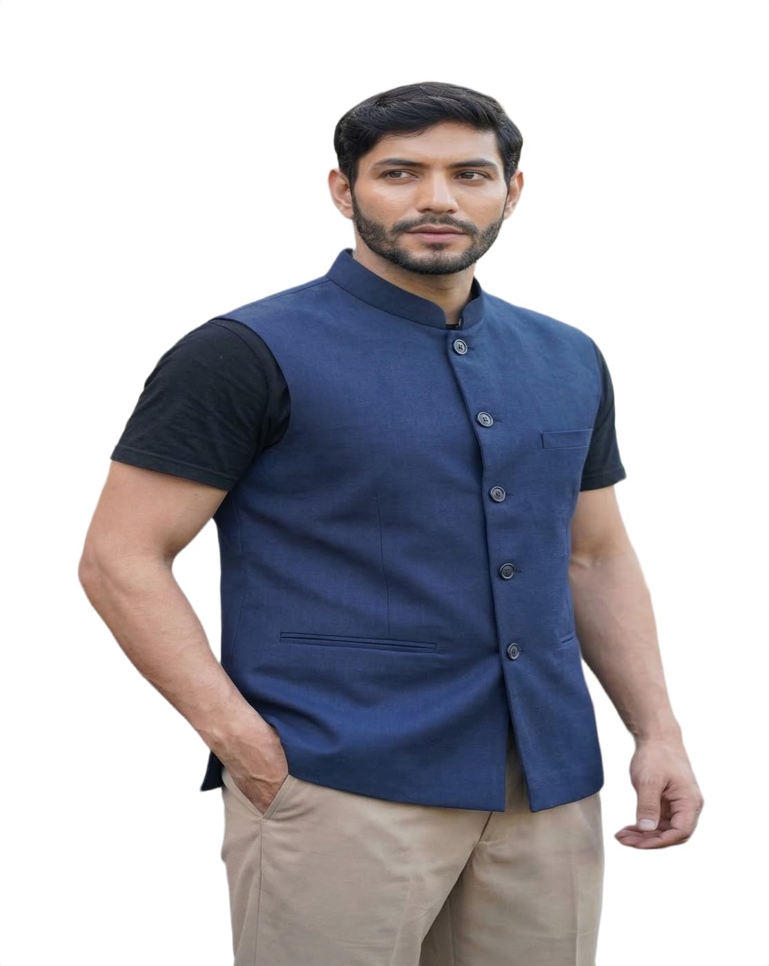 maykr Classic Navy Blue Sleeveless Nehru Jacket for Men - Solid Mandarian Collar Modi Vest | Versatile Ethnic Wear Bundi Waistcoat for Kurta Pajama-picture-16