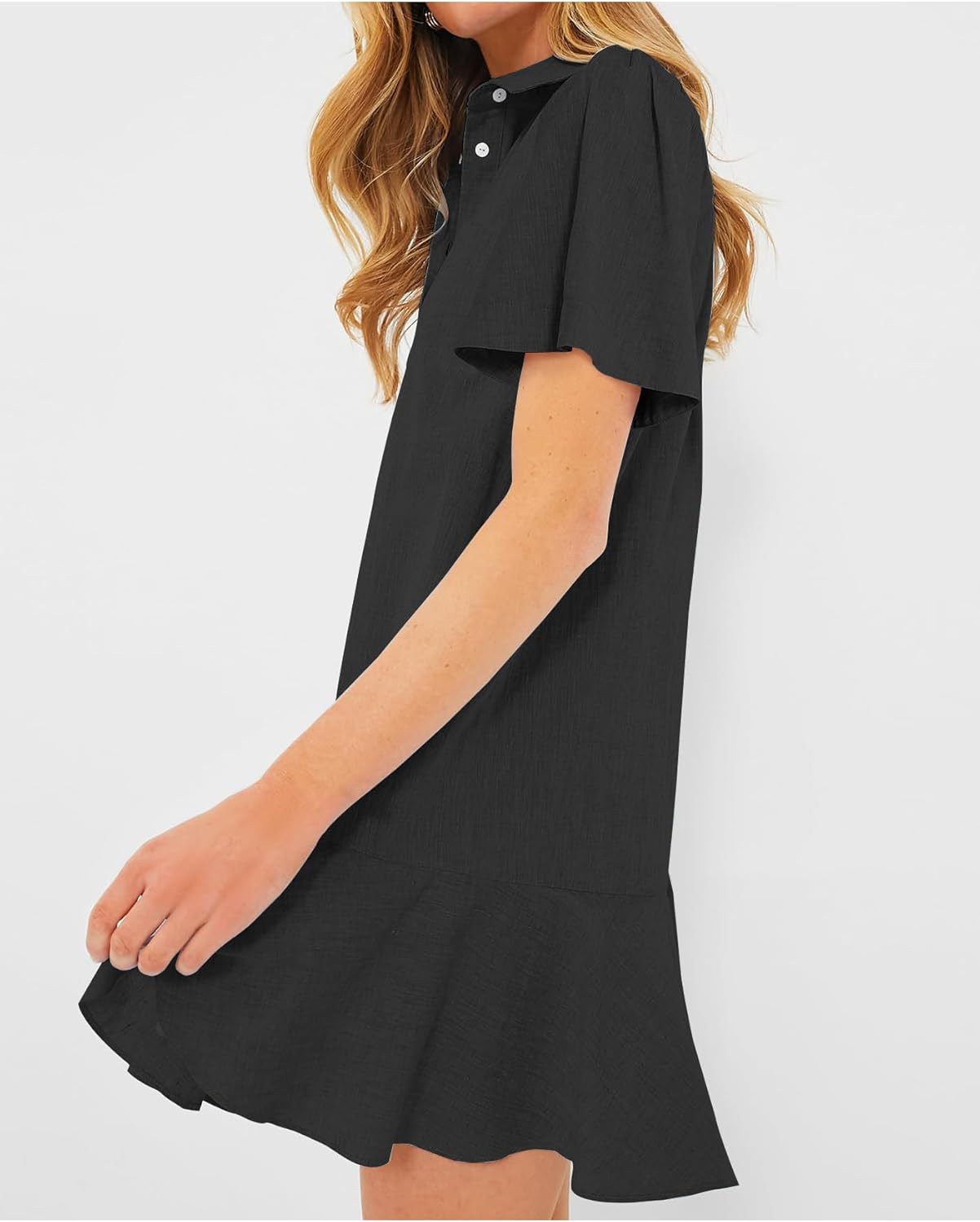 Women's Button Down Shirt Dress Summer Casual Short Sleeve Cotton Linen Ruffle Shift Mini Dresses Black, Medium - Image 4