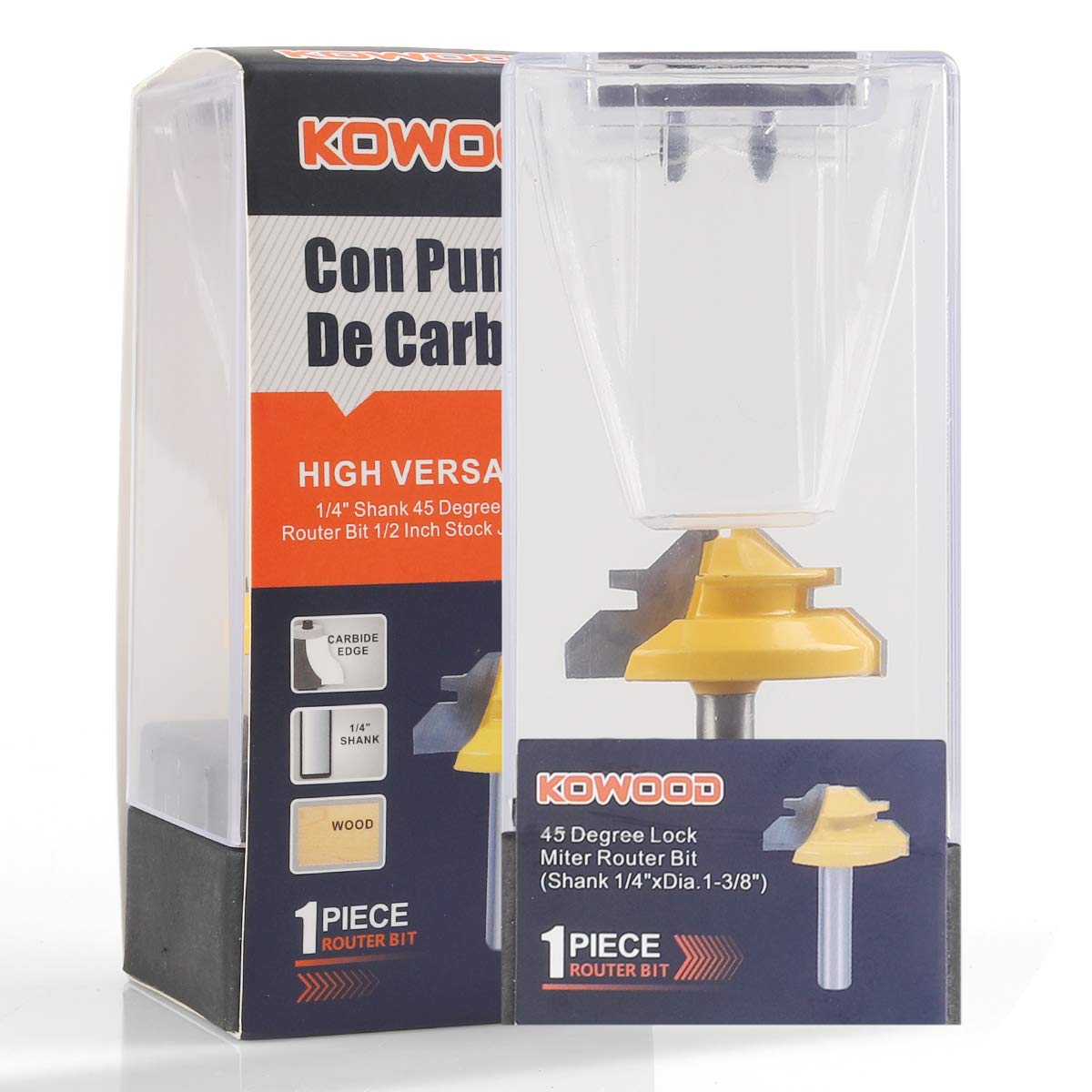 KOWOOD (Small) 1/4" Inch Shank 45 Degree Lock Miter Router Bit, 1/2”Inch Stock Joint Router Bit, Professional Wood Cutting Tools