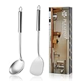 Pleafind 2-Pcs Ladle and Spatula, Soup Ladle and Spatulas, Stainless Steel Spatula and Spoon Sets, Cooking Utensils Set, Wok Spatula and Wok Ladle for Home and Restaurant, Dishwasher Safe