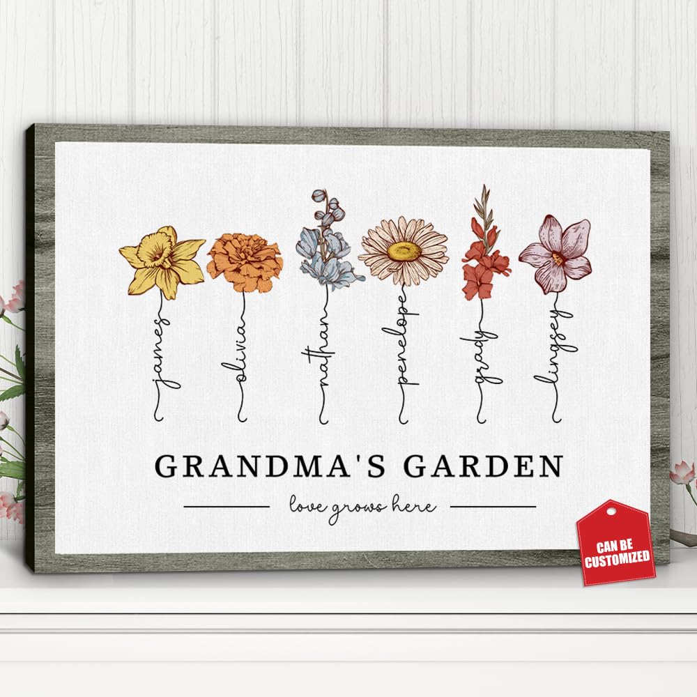 TM TEEMANPersonalized Grandmas Garden Canvas - Moms Garden Picture - Custom Mothers Day Birth Flower Gifts from Grandkids for Grandma's, Mothers Garden Picture Sign - Custom Birth Month Flower