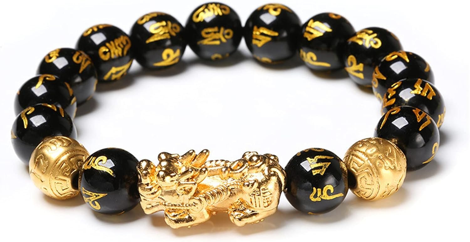 Nzpost Obsidian_12mm Black Obsidian Bracelet,Piyao Bucket Beads Bracelet Wealth Six Words Natural Black Obsidian Gemst