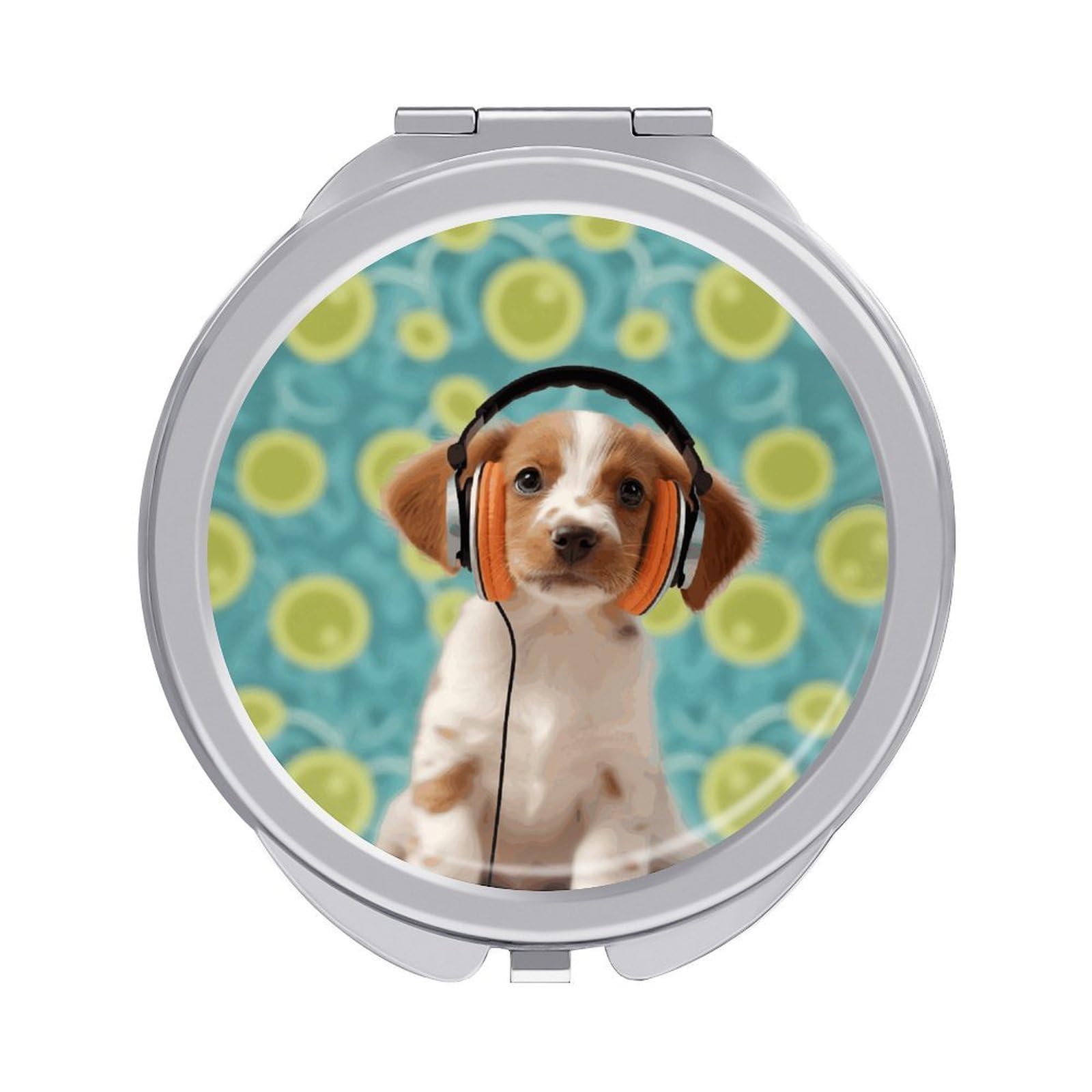JTREHY Puppy with Headphones Makeup Mirror Silver Mirror Surface Folding Makeups Mirrors Lightweight Durable Looking Glass for Suitable Traveling Handbag and Purses