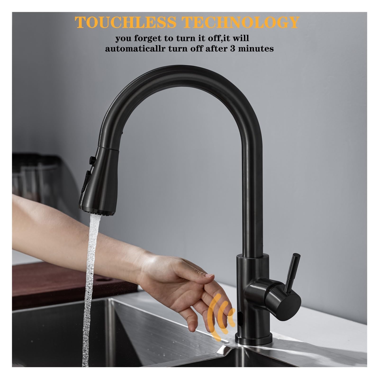 Rubinetto con sensore Automatico, Miscelatore touchless, Rubinetto Intelligente per Cucina, Rubinetto a infrarossi Spazzolato, Rubinetto a infrarossi Nero/Nichel (Hwx-Spazzolato)