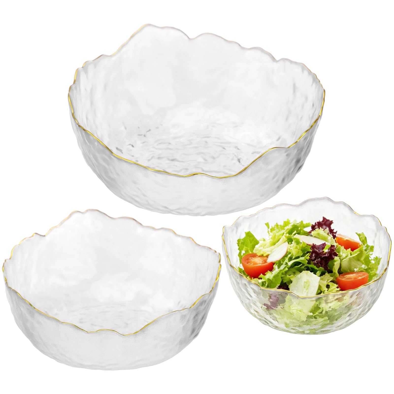 Skdqiee 3 Piece Gold Rimmed Glass Bowls Set, Transparent Hammered Glass Kitchen Bowls, Stackable Salad Bowl for Soup Fruit Dessert Pasta Curry Popcorn