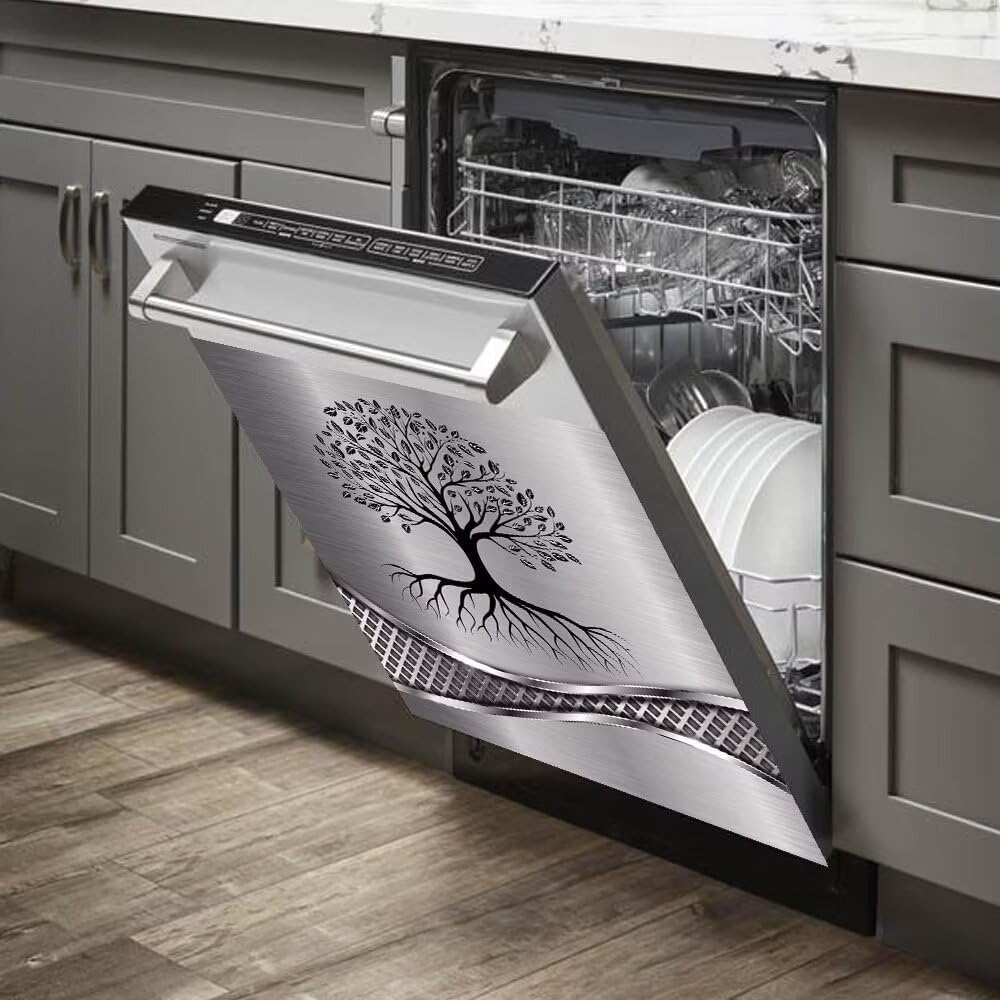 Stainless Steel Design Tree Wallpaper Magnet Dishwasher Cover Sticker,Kitchen Decor Refrigerator Magnets Decorative Fridge Magnetic Decal Vinyl Panel 23Wx26H inch