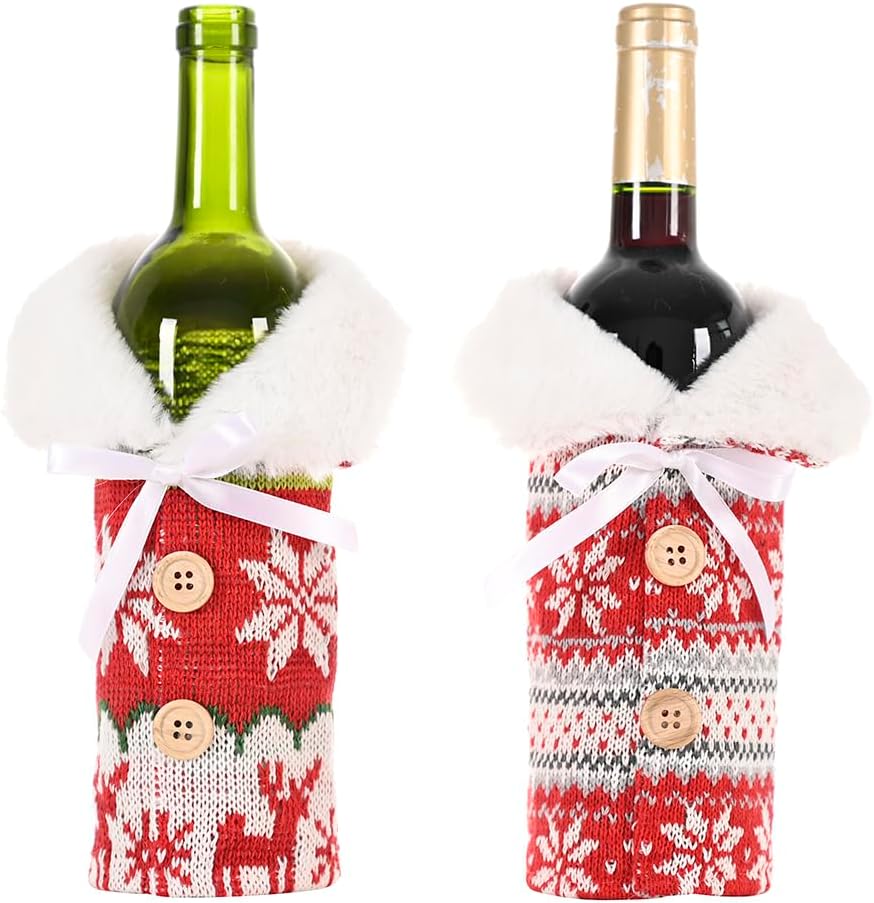 OHLOMJES Christmas Wine Bottle Cover Set, 2pcs Festive