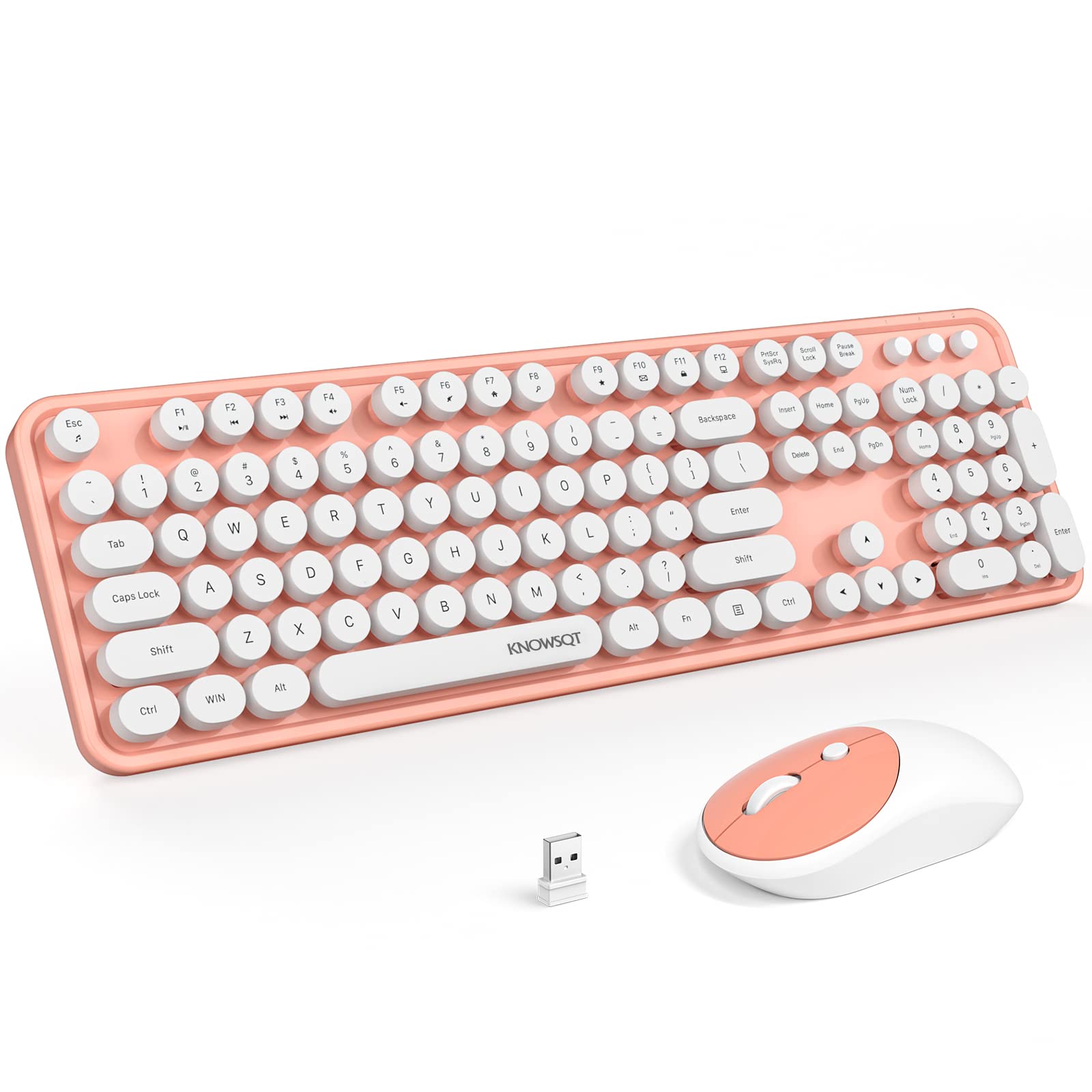 KNOWSQT Wireless Keyboard and Mouse Combo - White-Orange Full-Sized 2.4 GHz 104 Keys Typewriter Keyboard, Flexible Round Keycap and Optical Mouse for Windows, Computer, PC, Laptop, Desktop, Mac