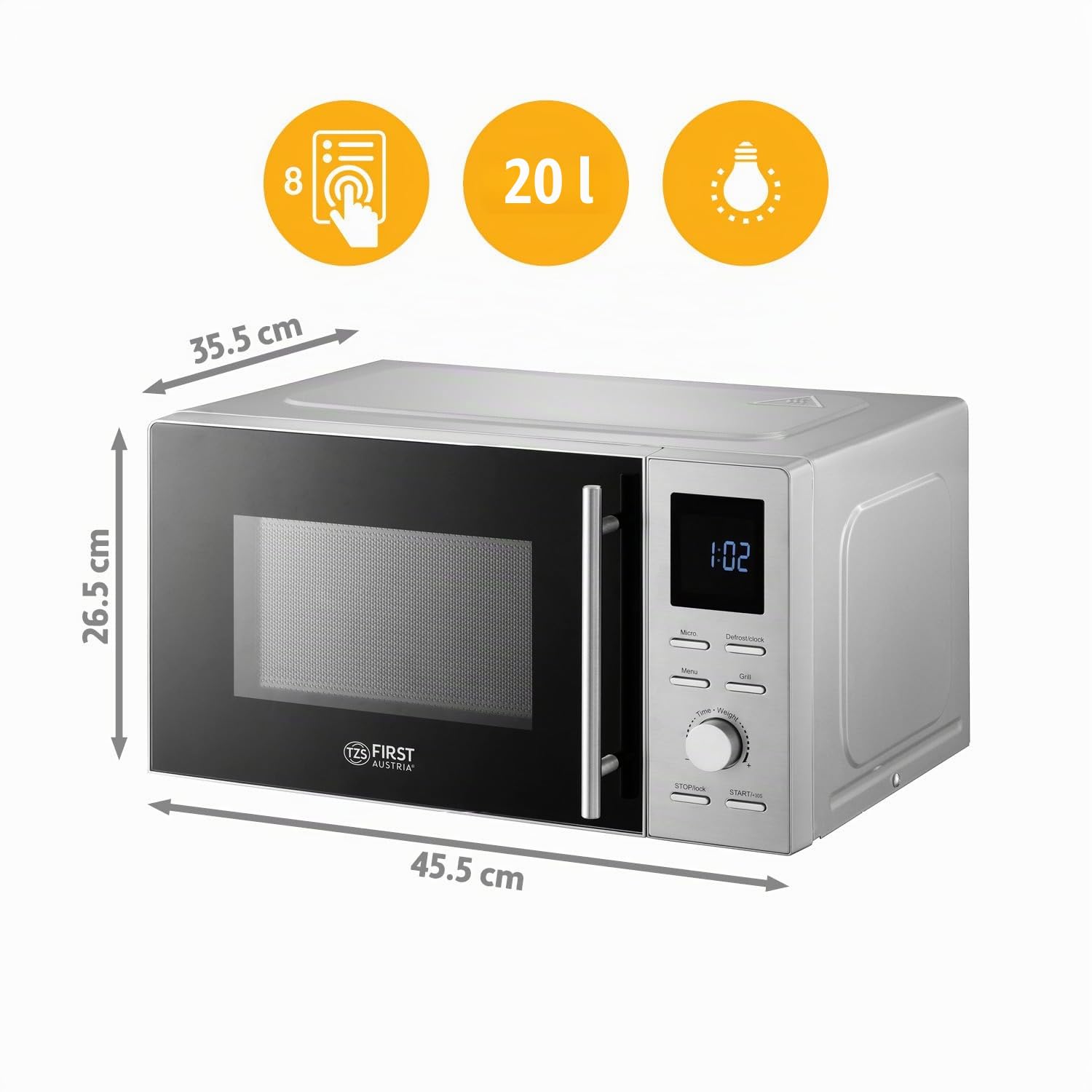 TZS First Austria - Mikrowelle mit Grill - 2-in-1 Mikrowellenofen - 20 Liter - 700 W Mikrowelle & 800 W Grill - Schnellstart - 8 Programme - LCD-Display - Edelstahl