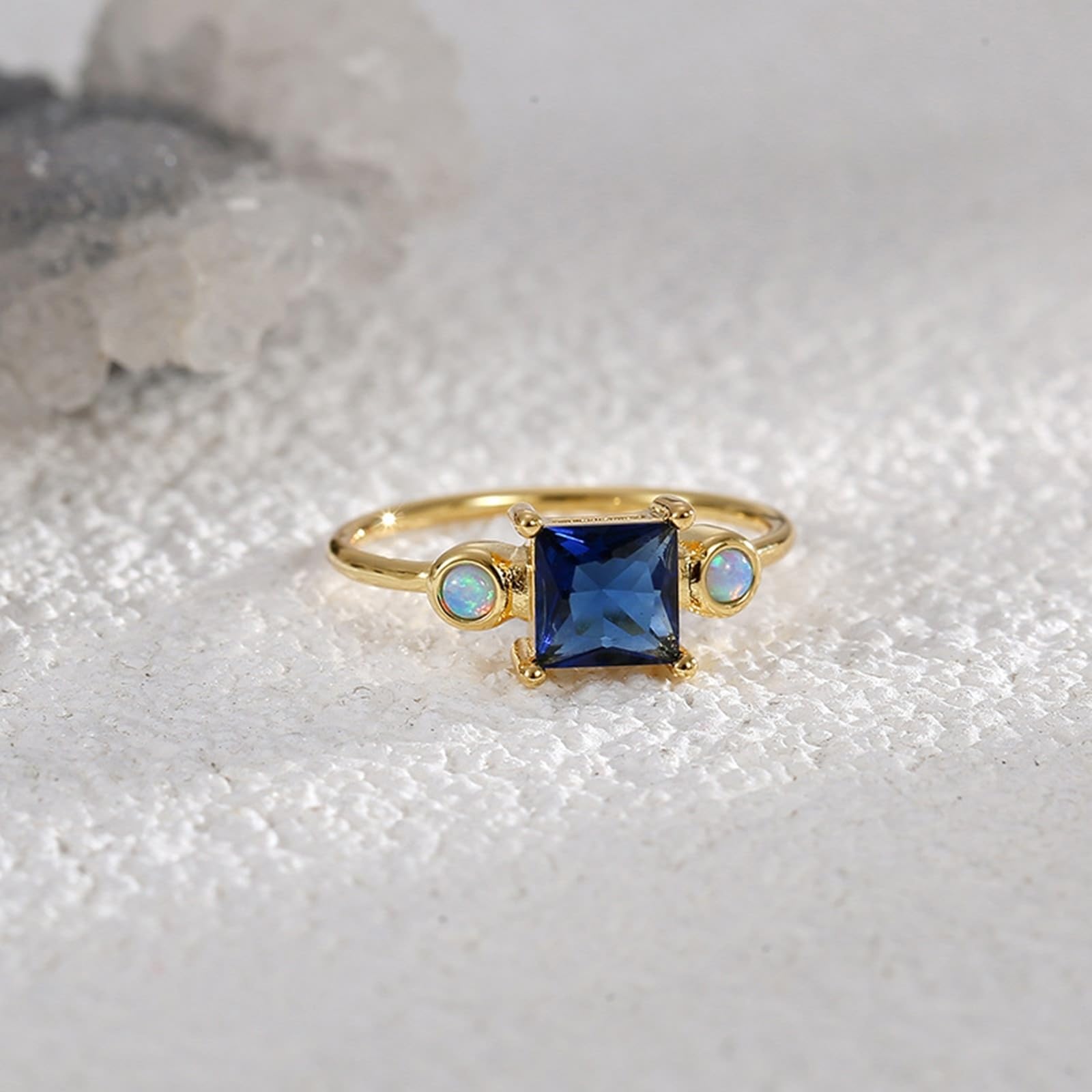 Wedding Au375/Au585/Au750 - Anello in oro resistente all'acqua 9 carati, con zaffiro geometrico realizzato in laboratorio, misura 45 (14,3), classico per zia Ringraziamento personalizzato
