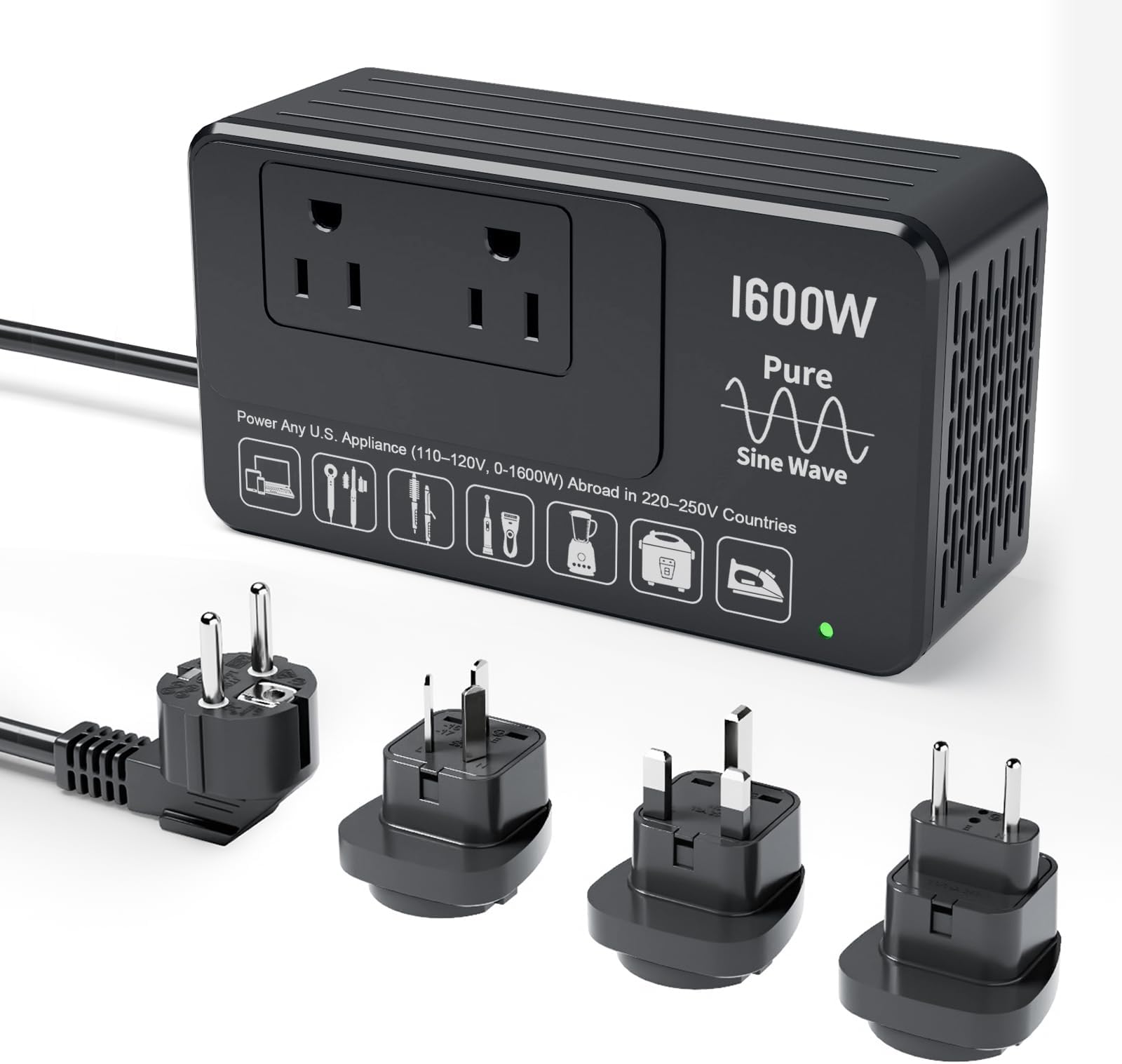 1600W 220V to 110V Converter Power Any U.S. Appliance in 220-250V Countries | Voltage Converter US to Europe International Travel, Pure Sine Wave, Plug & Play, No Limitations, Surge Protected