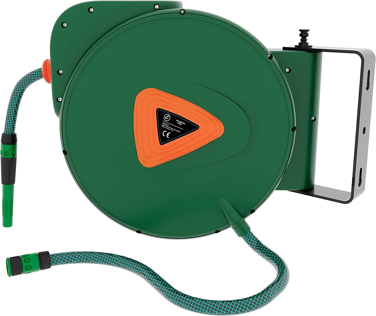 BRICOZONE Avvolgitubo per Acqua con Tubo in PVC Attacco 1/2" da Giardino Fissaggio Parete Muro Blocco Automatico Riavvolgitore Auto Stop Accessorio Esterno Salvaspazio Pressione 24 Bar 20 + 2 M Verde