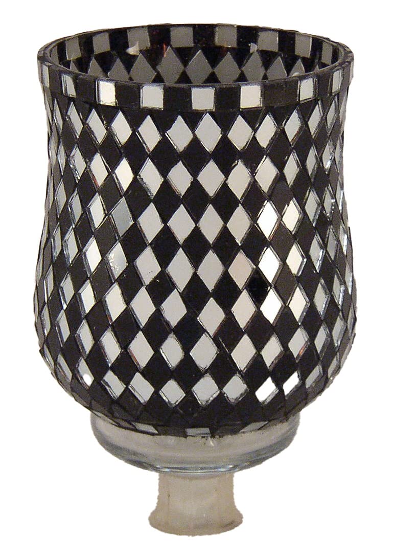 Peg Votive Candle Holder Mosaic Black Glass and Mirror Diamond Shaped Pieces on Clear Glass Base Set of 2