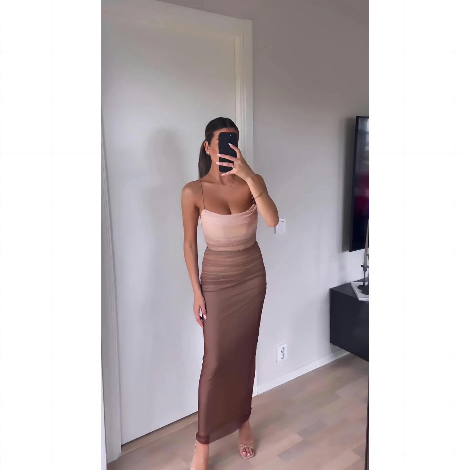 wickelkleid Damen Gradient Mesh Schlinge Kleid Frauen Mode Schlank Zurückless Abschlussball Kleider Elegante Lässige Weibliche Robe S