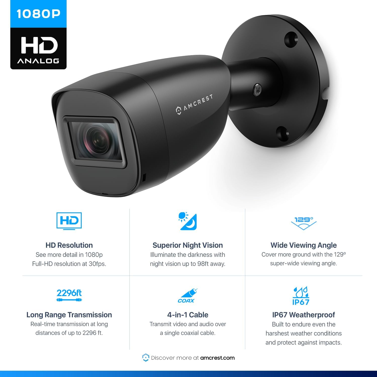 Amcrest Full HD 1080P 1920TVL Bullet Outdoor Security Camera (Quadbrid 4in1 HD-CVI/TVI/AHD/Analog), 2MP 1920x1080, 98ft Night Vision, 2.8mm Lens, 129° Viewing Angle, Black (AMC1081BC28-B-V4)