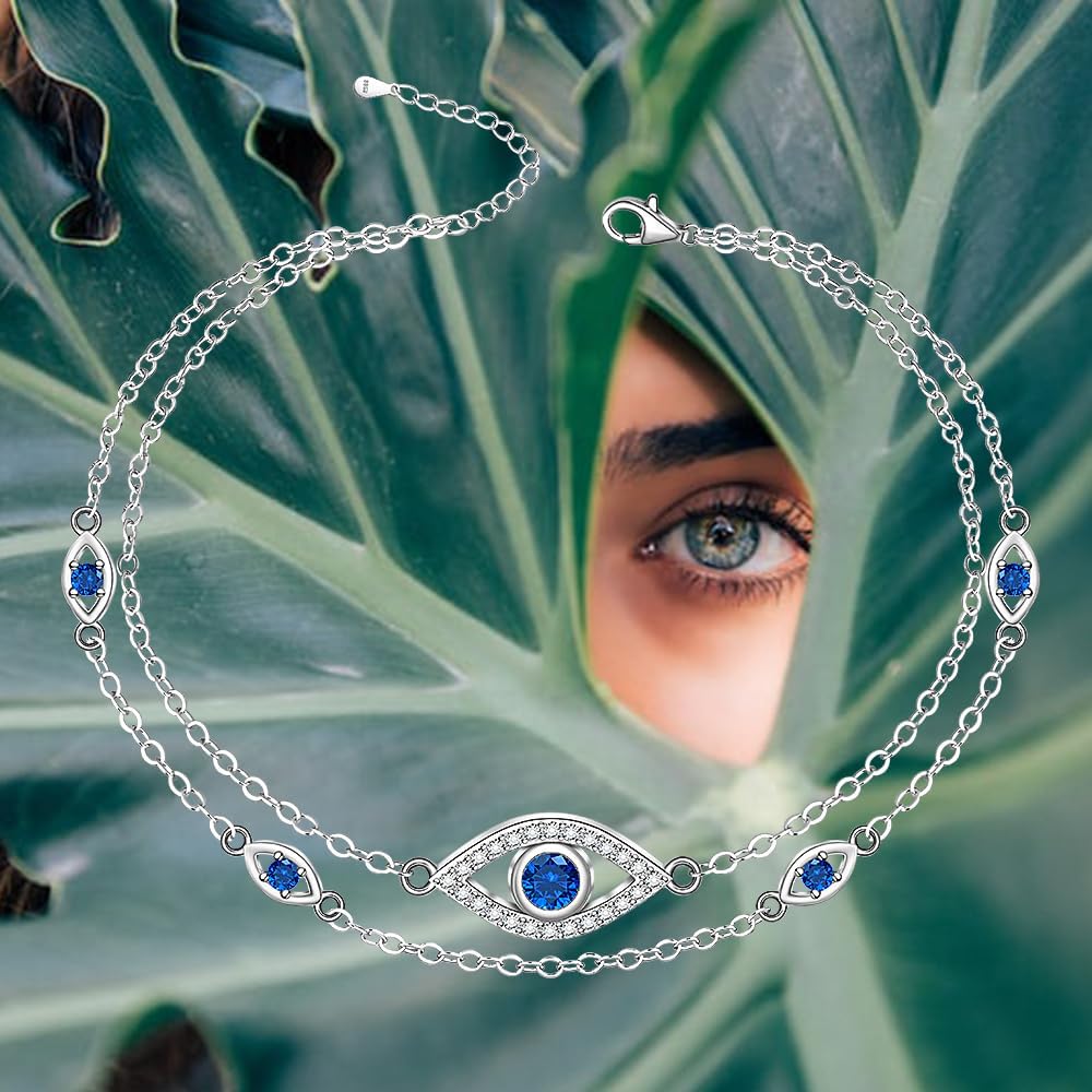 Evil Eye Anklet Sterling Silver Infinity Lotus Flower Evil Eye Anklets for Women Ankle Bracelets Turkish Blue Eyes Protection Chain Jewelry