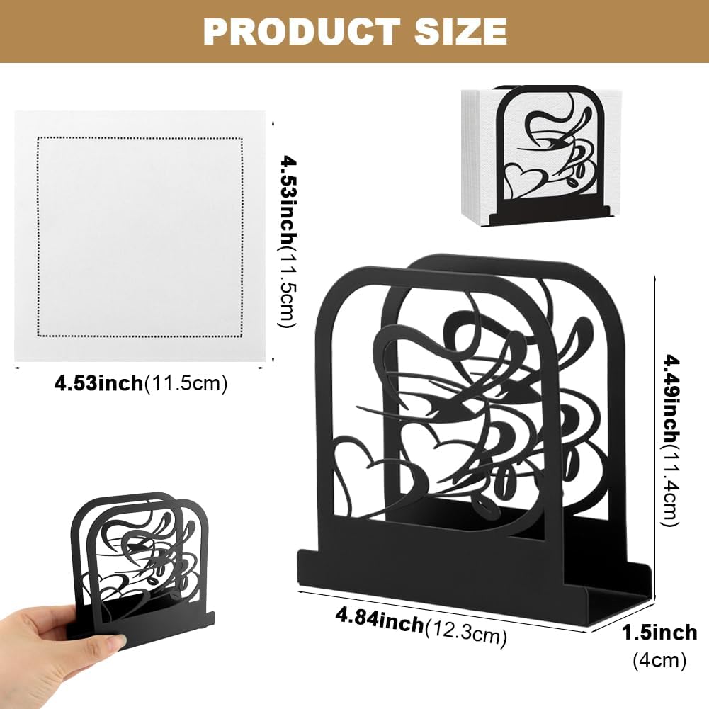 Standing Napkin Holder for Table, Black Metal Napkins Dispenser with 4 Pcs Spacers & 1 Pcs Cotton Napkin, Coffee Theme Style Napkins Holder for Home, Restaurant & Bar