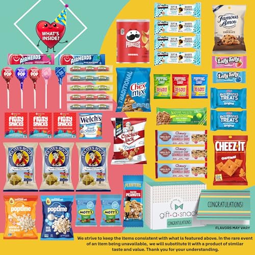 Image of Gift A Snack - Congratulations Snack Box Variety Pack Care Package + Greeting Card (45 Count) Graduation Sweet Treats Gift Basket, Candies Chips Crackers Bars - Office Food Assortments
