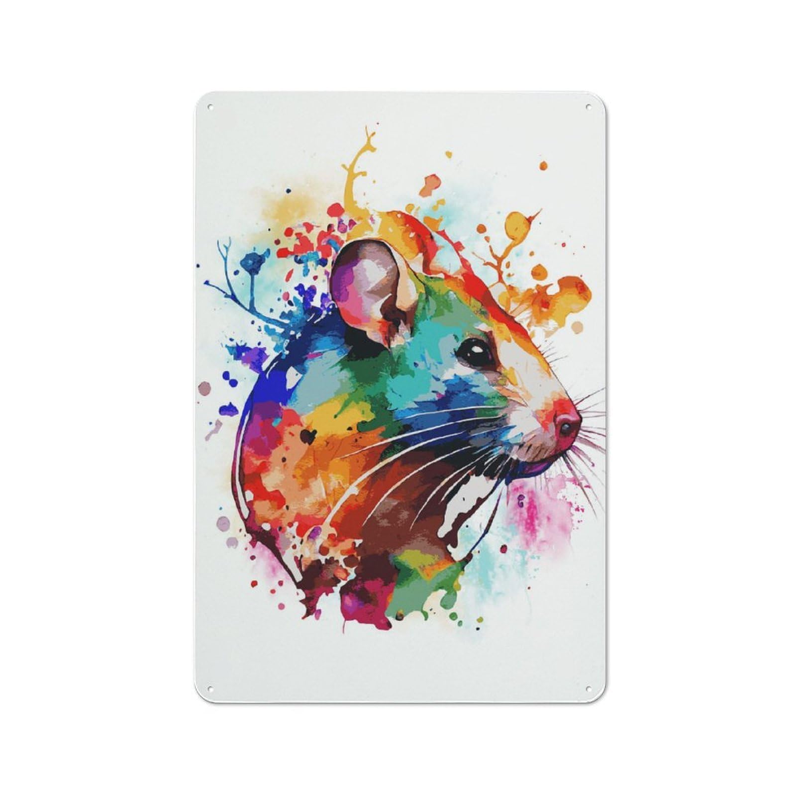 Junmoney Style-18 Watercolor Rat Painting Printed Metal Sign 30X20cm For Hobby Room Or Studio, Gift Idea At Christmas For Creative Interior Collectors