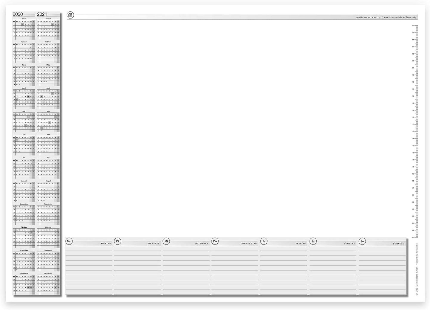 Desk pad with 2-year calendar, A2, 40 sheets, tear-off paper, 2020-2021 calendar DIN A2 White