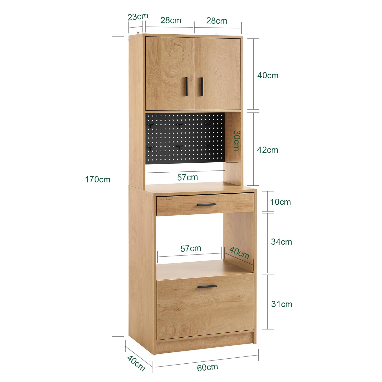 SoBuy Mikrowellenschrank mit Lochwand für Haken & Schublade, 60x170x40cm | Hochschrank mit offenem Fach & viel Stauraum, 10 kg je Fach/5 kg Schublade, PB, für Küche & Vorratsraum & Büro, FSB98-N