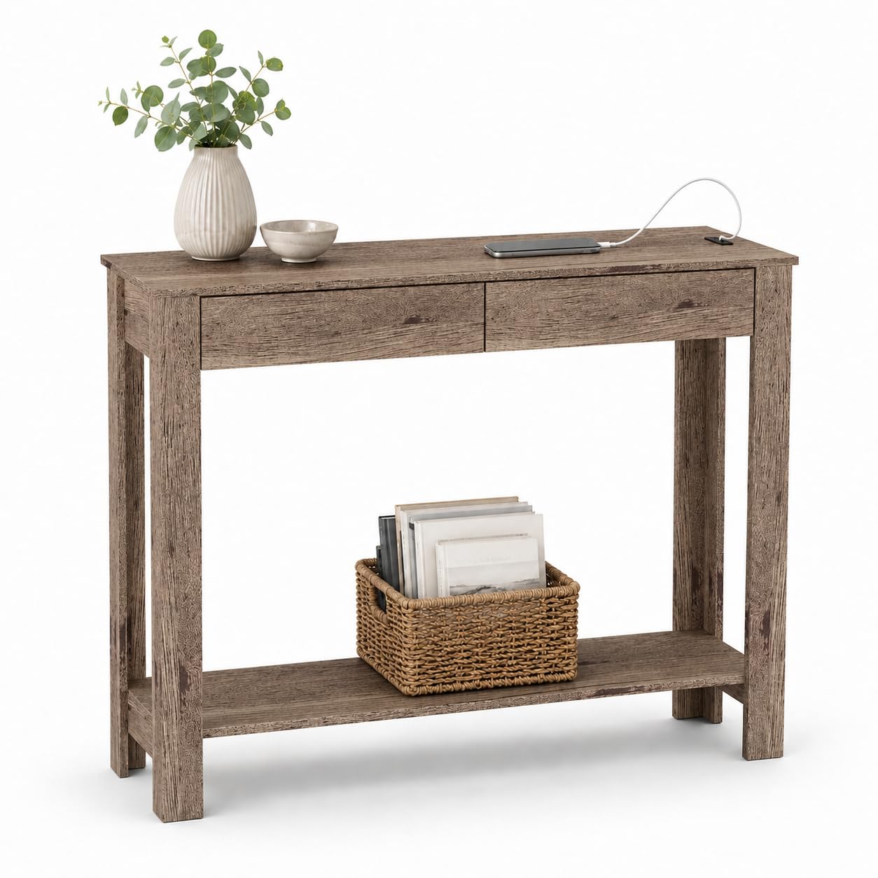 URBNLIVING Narrow Hallway Console Table USB Charging, Dark Oak 2 Drawer