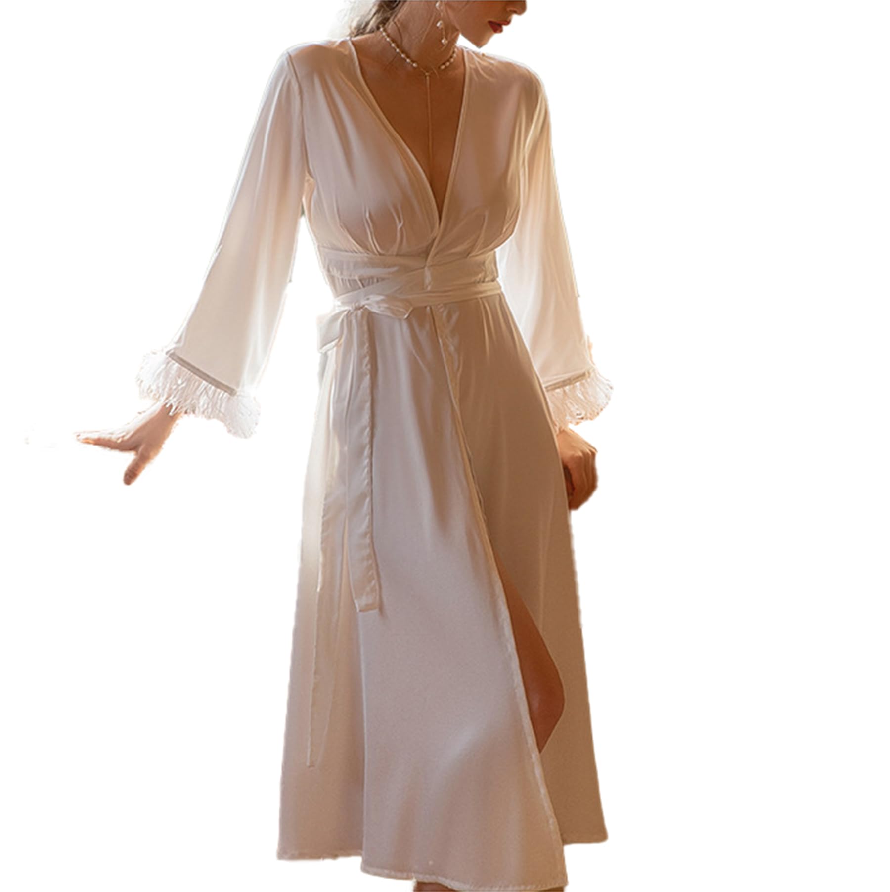 Ropa de Dormir para Mujer Kimono Largo Albornoz de satén Bata de Manga Larga Ropa de casa cómoda y Suelta