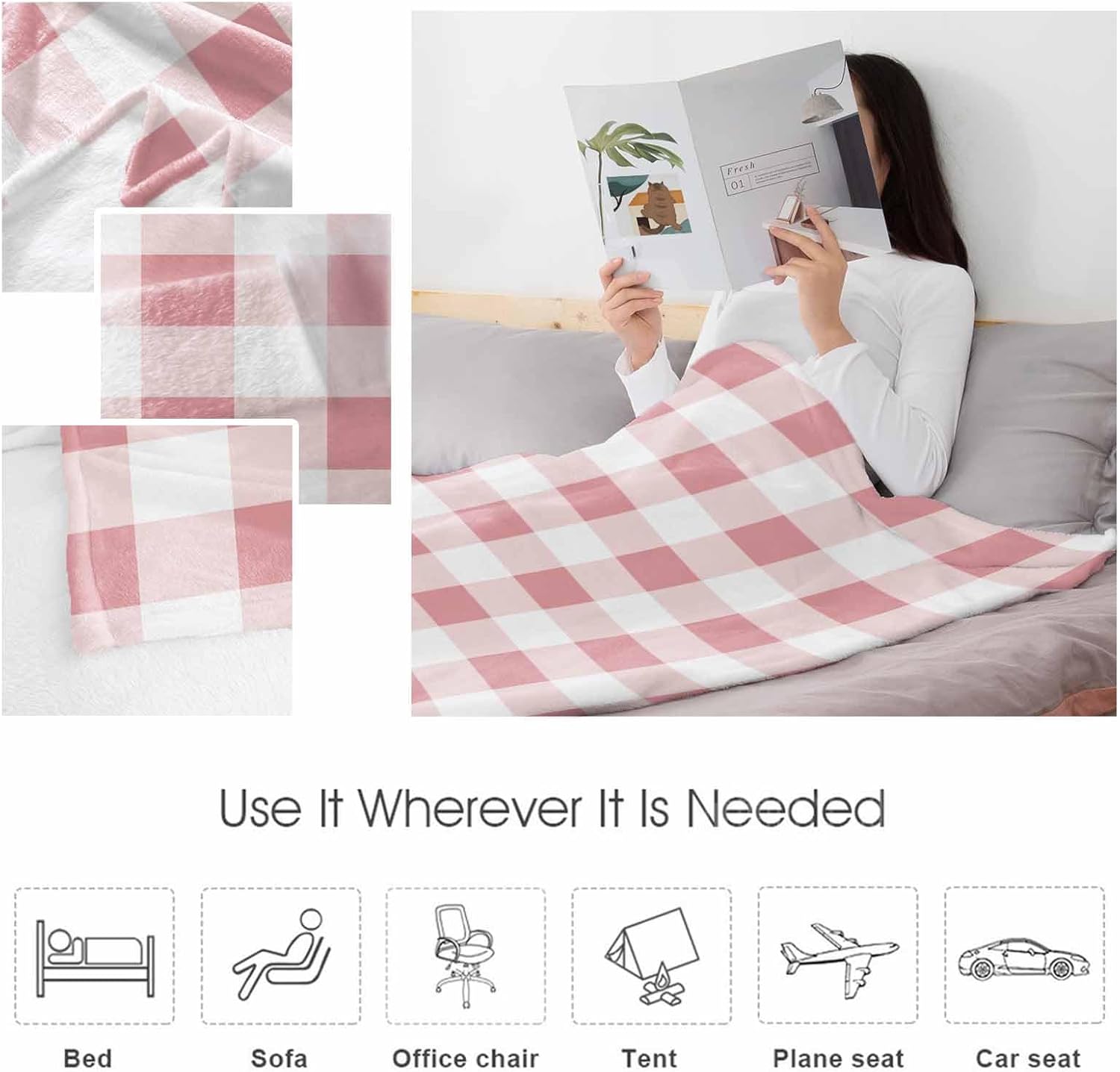 Pink Buffalo Plaid Throw Blanket Fleece Blanket for Couch, White Gradient Modern Soft Microfiber Fuzzy Cozy Lightweight Blankets for Home Bed Sofa All Season 40 x 50 Inch - Image 5