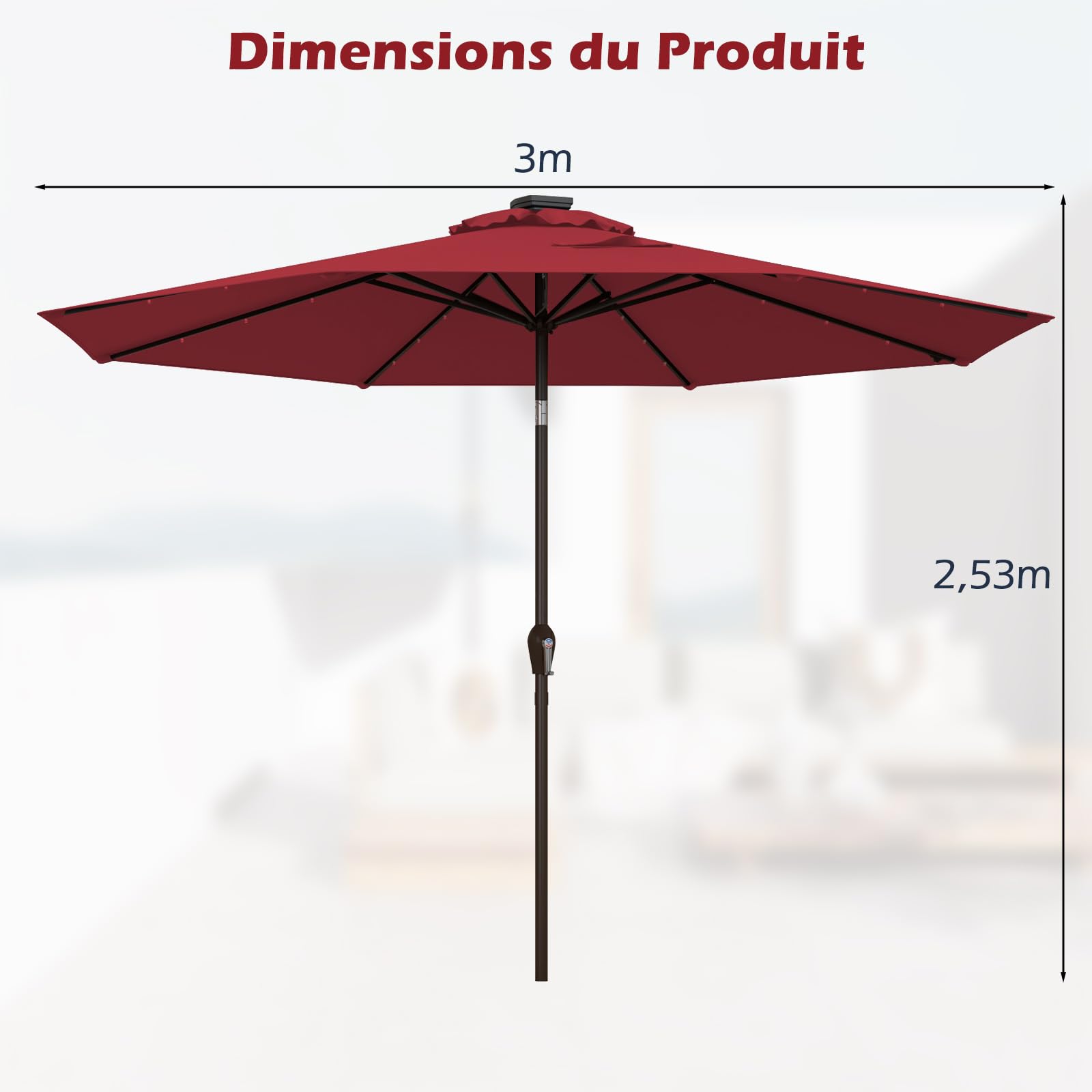 RELAX4LIFE Parasol Inclinable LED Dia.3M avec Éclairage Solaire, 8 Baleines, Inclinaison Réglables Parasol de Jardin Extérieur pour Balcon Terrasse Patio Café Bistro (Φ300x250cm,Rouge)