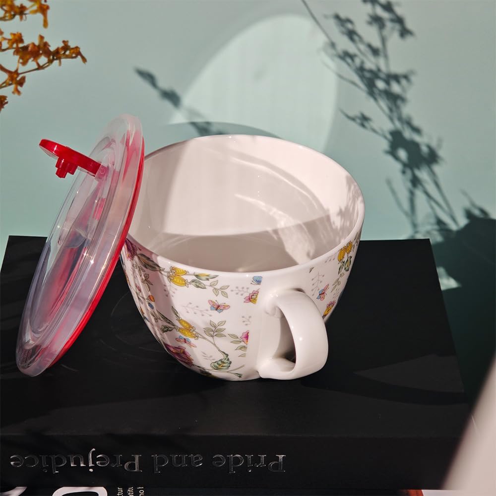 Lightweight Large Soup Mug with Lid Microwave Safe Bone China Soup Bowls with Handles, 21 fl oz Big Coffee Cup For Tea, Cereal, Soups, Large Handle for Comfort, Floral Design Gift for Women - Image 2