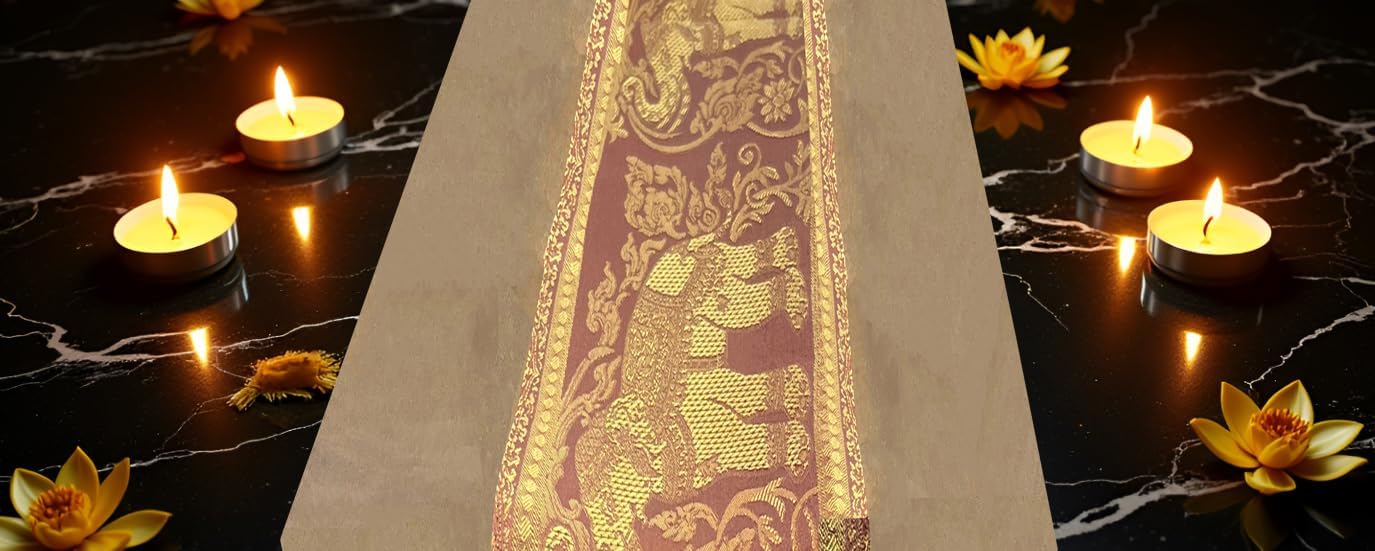 Thai Slik Elephant Style Table Runners for Home Decorative Coffee Table Bed Runners Sofa 13 x 69 Inches (33x175cm) (Brown)