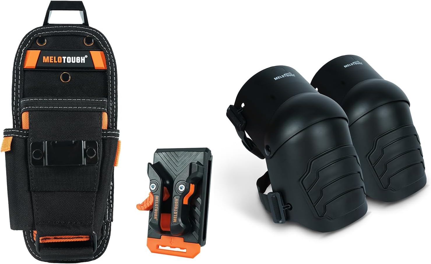 MELOTOUGH Small Tool Pouch with Quick Release Belt Clip,Clip On Tool Belt Pouch with Electrician Tapemeasure Clip,Knee Pads for Work,Construction,Flooring,Gardening-Comfortable and Flexible(Black)