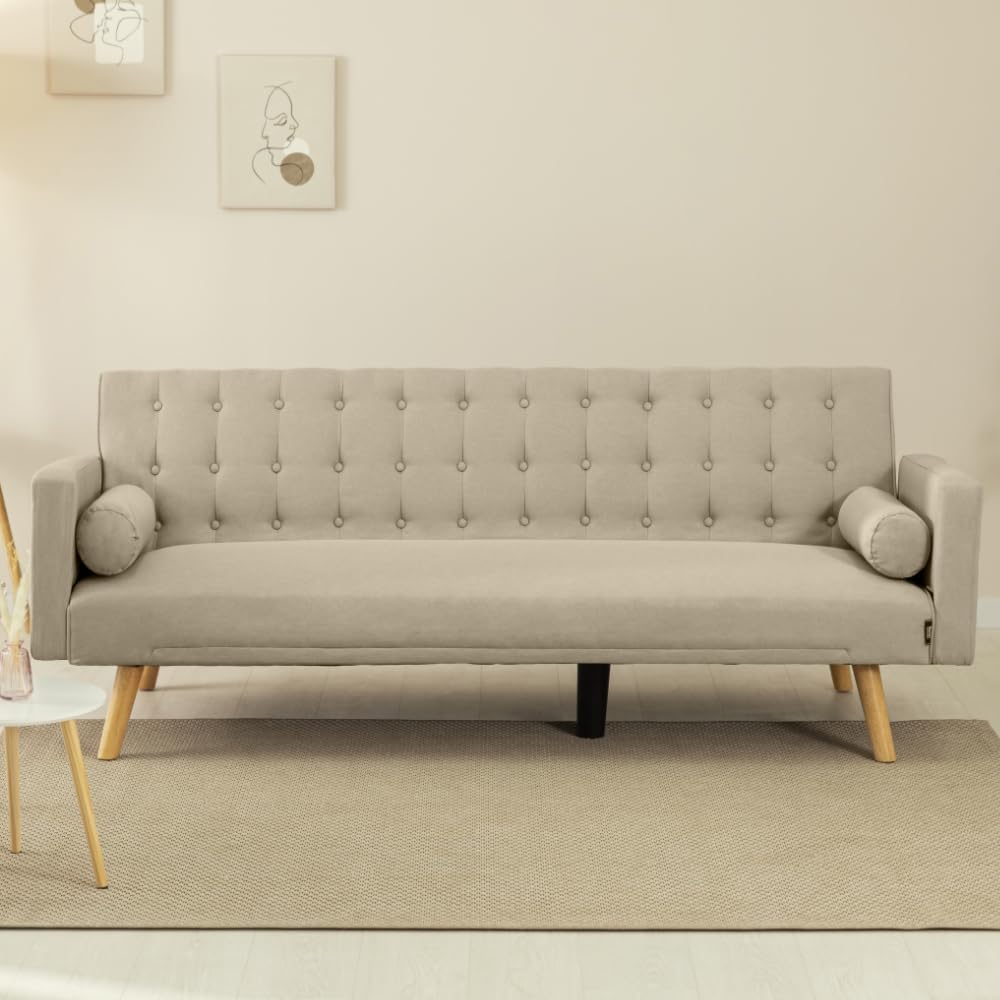Nalui - Sofá Cama 3 Plazas Acolchado 203x82x78cm One Dots, 2 Cojines y Apertura Clic-Clac con Dif. Grados de Reclinación. Sofá Cama Chaise Longue con Patas de Madera Convertible en Cama Doble | Beig