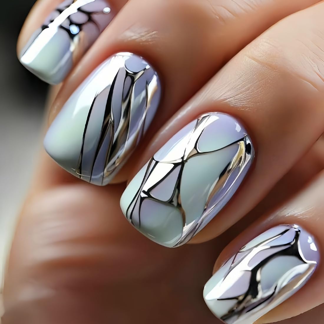 ANDGING Short Press on Nails Square Light Blue False fake on Nail with Glitter Gold Line Designs Fake Nail Manicure Acrylic Gel Medium Pressons for